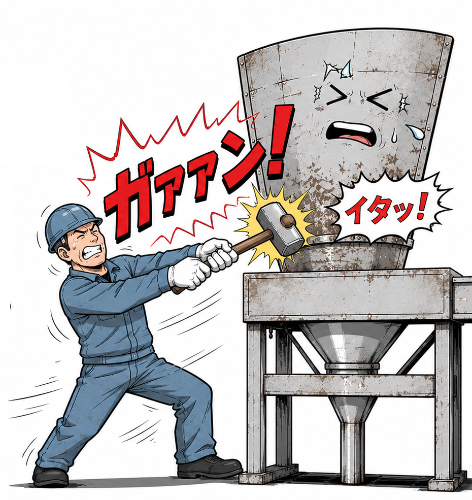ハンマーでホッパーを叩く作業員と擬人化された痛むホッパーのイラスト